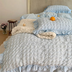 Yickyue Korean-style Seersucker Folds Washed Cotton Bedding Set Flat sheet/Bed Skirt Duvet Cover Set(1.5/1.8/2.0m Size,4pcs,7 Colors)