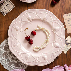 YICKYUE - Pink Plate Set Retro Embossed Ceramic Dishes Cup and Saucer Breakfast Milk Mug Soup Plate Kitchen Tableware Housewarming Gift