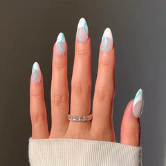 24pcs Almond Round Wavy False Nails Detachable Stiletto Ink Fake Nails Full Cover French Ballerina Nail Tips Press On Nails