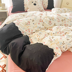 YICKYUE - Korean Princess Style French Princess Style Four-Piece Bed Set Hollow Lace Quilt Cover Bed Sheet Bed Skirt Bedding Three-Piece
