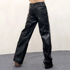 YICKYUE - Classic Men Straight Tube Loose Fitting Casual Leather Pants High Quality Nightclub Men DS Costumes PU Pants Pantalon Homme Slim