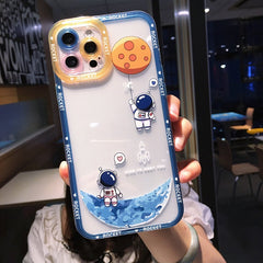 Astronaut Planet Stars Candy Color Phone Case For iPhone 13 12 11 Pro Max X XS XR 7 8 Plus SE 2022 Lens Protected Soft TPU Back