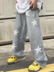 Hearujoy Men's Casual Loose Fit Drawstring Pants With Star Pattern Embroidered Design, Lightweight Comfy Pants For Sport And Casual Wear