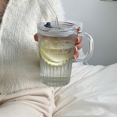 Yickyue 400ml Retro Glass Tumbler With Lid And Straw Glass Coffee Cup Thick Glass Mug Milk Juice Cup Transparent/Green Juice Mocha Cups