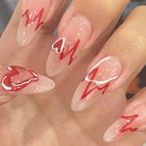 24Pcs French Almond Electrocardiogram Fake Nails Simple Heart Nails Ladies Press On Designed False Nails Tips Full Cover Nail