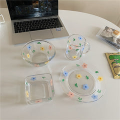 Korean Style Fresh and Lovely Flower Glass Bowl Breakfast Cereal Salad Bowl Glass Cup Heat Resistant Flower Plate