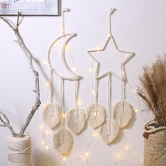Tassel Moon Star Dream Catcher with Long Macrame Leaf Handmade Bohemian Home Decor Decoration Art Gift for Girls Kids Bedroom