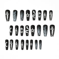 Press On Nails Free Shipping 24PCS Long Nail Tips Design Black Graffiti Sweet Style Full Coverage Nails Fake Long Fingernail