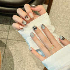 YICKYUE - 10Pcs Handmade Cute Press on Nails Short Chocolate Sweetheart Fake Nails With Bow Design Artifical False Wearable Nail Tips