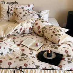 YICKYUE - French Vintage Bow Egyptian Cotton Queen King Bedding Sets Flower Digital Printing Bed Linen Duvet Cover Bed Sheet Pillowcase#/L