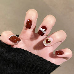 YICKYUE - 24pcs Red Fake Nails Press on Rhinestone Heart Design Medium Artificial Nail Tip with Glue Full Cover Stick-on Nails Tips Art