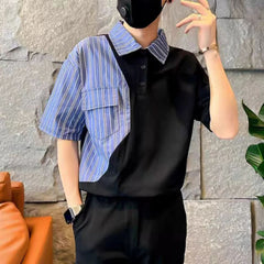Hearujoy Fashion Stripe Patchwork Polo Shirts For Men Short sleeve Tee Tops Summer Trendy Contrast Color Fake Two Polos Tshirts Clothing