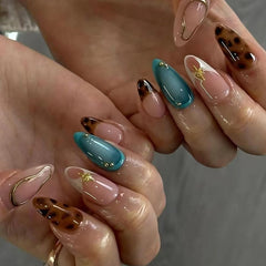 YICKYUE - 24Pcs Wearable Green French False Nails Simple Almond Fake Nails with Metallic Designs Press on Fake Nails Full Cover Nail Tips