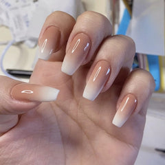 Yickyue Glossy Ombre Pink Nude White French Ballerina Coffin False Nail Gradient Natural Press On Ballet Fake Nails Tips Reusable Wear