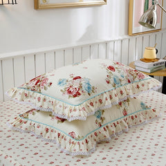 Shabby Pink Floral Elegant Korea Style Ruffles Duvet Cover Bed Sheet Set 4Pcs Queen King size Pink 100%Cotton Girls Bedding set