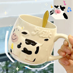 Kawaii Milk Cow Mugs Coffee Cups Cute Ceramic Cups With Spoon Home Milk Tea Beer Water Breakfast Cup Drinkware Birthday Gift