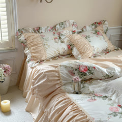 YICKYUE - Korean Princess Style Pleat Ruffles 100% Cotton Bedding Set Elegant Vintage Rose Floral Duvet Cover Set Bed Skirt Pillowcases