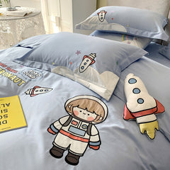 Yickyue Lovely Astronaut Embroidered Bedding Set Luxury 60S Egyptian Cotton Bed Sheet Pillowcase Duvet Cover 4pcs for Home
