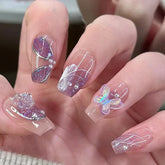 Yickyue 24Pcs Short Purple Butterfly False Nails Ballet Glitter with Pearls Detachable Fake Nails Full Cover Press on Nail Tips Art