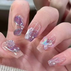 Yickyue 24Pcs Short Purple Butterfly False Nails Ballet Glitter with Pearls Detachable Fake Nails Full Cover Press on Nail Tips Art