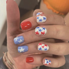 YICKYUE - 24pcs Short Fake Nail with Blue Red Colpr Five-pointed Star False Nails Summer Full Cover Wearable Press on Nails for Girls