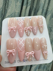 YICKYUE - 10pcs Handmade Almond Press On Nails Gradient Cat Eye Pink French Fake Nail Bow Design Full Cover Nail Tips Wearable False Nail