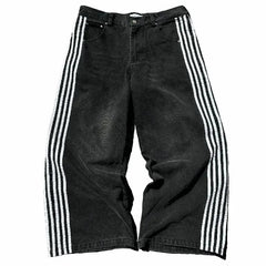 Hearujoy 90s Streetwear Y2K Striped Jogging Jeans Men Women Harajuku Retro Striped Letter Graphics Embroidered Jeans Goth Casual Wide Leg Pants Trousers