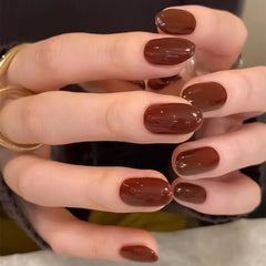 YICKYUE - 24Pcs Classic Solid Color Fake Art Nail Red Brown Green Blue Detachable Finished False Nail Tip Press on Nail with Glue Manicure