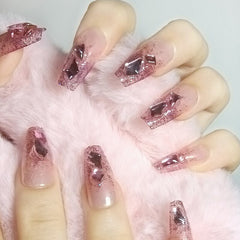 24Pcs Coffin False Nails 3D Super Shiny Purple Rhinestones Decor Fake Nails Full Finished Fake Nail Acrylic Patches For Girls