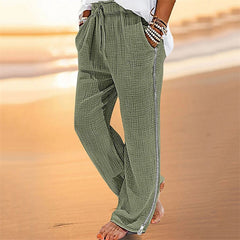 Hearujoy Vintage Men Pleated Cotton Linen Casual Pants Drawstring Side Zip Elastic Waist Comfort Breathable Beach Trousers Straight Pants