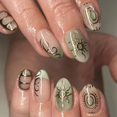 YICKYUE - Glossy 24-Piece Short Oval Press-On Nails - Green Tone with Intricate Sun & Cat Eye Design, Removable Nail Art Set