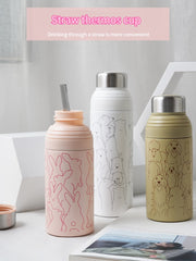 Korean Version of Kawaii Cartoon Thermos Mug Literary Female Students with Straws Cute Creative Portable Stainless Steel Mug