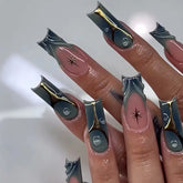 YICKYUE - 24pcs 3D Water Drops Gradient French False Nails Long Ballet Finished Fake Nails Y2k Press On Nails With Golden Stripe Design