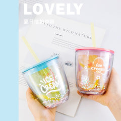 Summer Lovely Bobo Cup BPA Free Plastic Cups with Lids and Straw Children's Water Cup Tumbler Ice Cup Double-Layer Coffee Mug