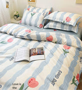 Yickyue Boys And Girls Blue And White Bedding Set Plain Reactive Printed Single Quilt Cover Flat Sheet Pillowcase Queen Double Bed Linen