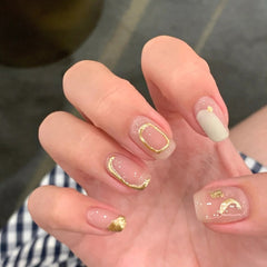 24pcs Short Moon False Nails with Glue Gold Leaf Wave Line Fake Nail Detachable 2022 New Press On Nail Tips Decoration