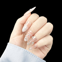 YICKYUE - 10Pcs Pink Handmade Press on Nails Full Cover Bow Tie Rhinestone Design French Fake Nails Wearable Manicure Nail Tips Art