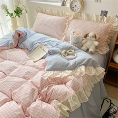 YICKYUE - Ins Princess Style Bedding Sets Ruffle Lace Bow Quilt Cover Romantic Bedclothes Decor Woman Girls Bedroom Duvet Cover 4pcs