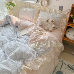 YICKYUE - Ins Princess Style Bedding Sets Ruffle Lace Bow Quilt Cover Romantic Bedclothes Decor Woman Girls Bedroom Duvet Cover 4pcs