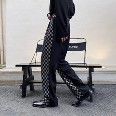 Hearujoy Men's Niche Black And White Checkered Sequin Patchwork Men's Long Pants Straight Wide Leg Design Chic Trousers Korean Y9982