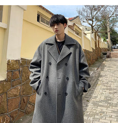 Hearujoy 2024 Men Coat Luxury Winter Korean Trench Mens Solid Double Breasted Woolen Cloth Coat Loose Casual Trenchcoat Long Coat Men