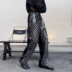 Hearujoy Men's Niche Black And White Checkered Sequin Patchwork Men's Long Pants Straight Wide Leg Design Chic Trousers Korean Y9982