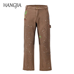 Hearujoy Streetwear Graffiti Cargo Flared Jeans Khaki Black Splash Ink Wide Leg Denim Pant Hip Hop Cargo Trousers Jean Men