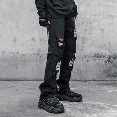 Hearujoy Skinny Jeans Pants Black Men Streetwear Destroyed Ripped Skull Printed Jeans Hip Hop Denim Pant Hole WB321