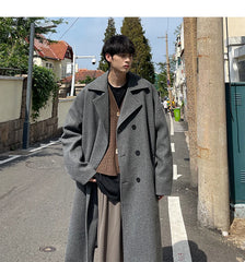 Hearujoy 2024 Men Coat Luxury Winter Korean Trench Mens Solid Double Breasted Woolen Cloth Coat Loose Casual Trenchcoat Long Coat Men