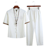 HEARUJOY - Mens Linen Sets Summer Men Streetwear Jogger Shirts+Long Pants Male Chinese Style 2 Pieces Hanfu Tracksuit Tang Suit 5Xl