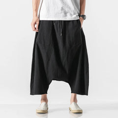 HEARUJOY - Summer Men Plus Size Casual Harem Pants Vintage Loose Cotton Linen Wide Leg Pants Men Elastic Waist Pantalones Trousers