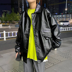 HEARUJOY - Spring Oversized Black Soft Waterproof Pu Leather Jacket Men Long Sleeve Casual Loose Korean Fashion Streetwear