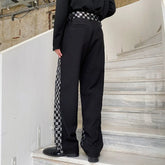 Hearujoy Men's Niche Black And White Checkered Sequin Patchwork Men's Long Pants Straight Wide Leg Design Chic Trousers Korean Y9982