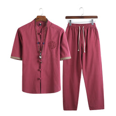 HEARUJOY - Mens Linen Sets Summer Men Streetwear Jogger Shirts+Long Pants Male Chinese Style 2 Pieces Hanfu Tracksuit Tang Suit 5Xl